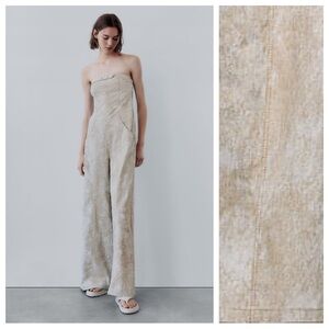 NWT. Zara Beige Printed Linen Blend Full Length Jumpsuit.